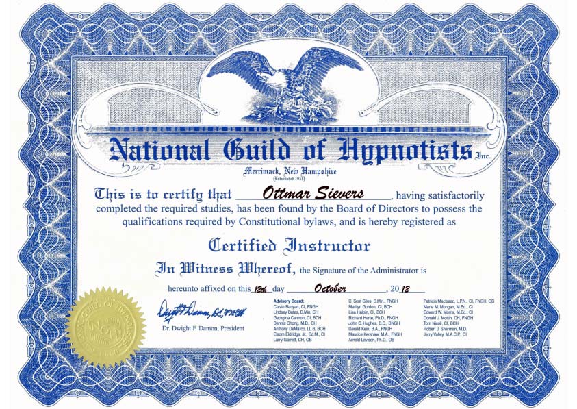 Certified Instructor der National Guild of Hypnotists