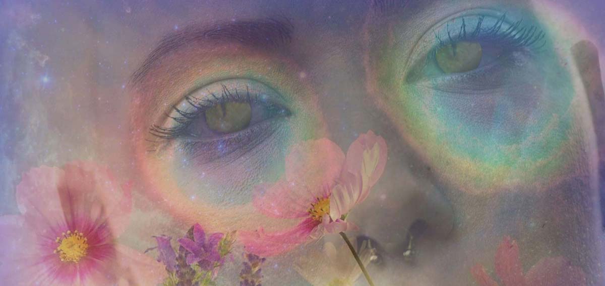 Innere Trance-Hypnose-Bilder von Blumen und Mädchengesicht.